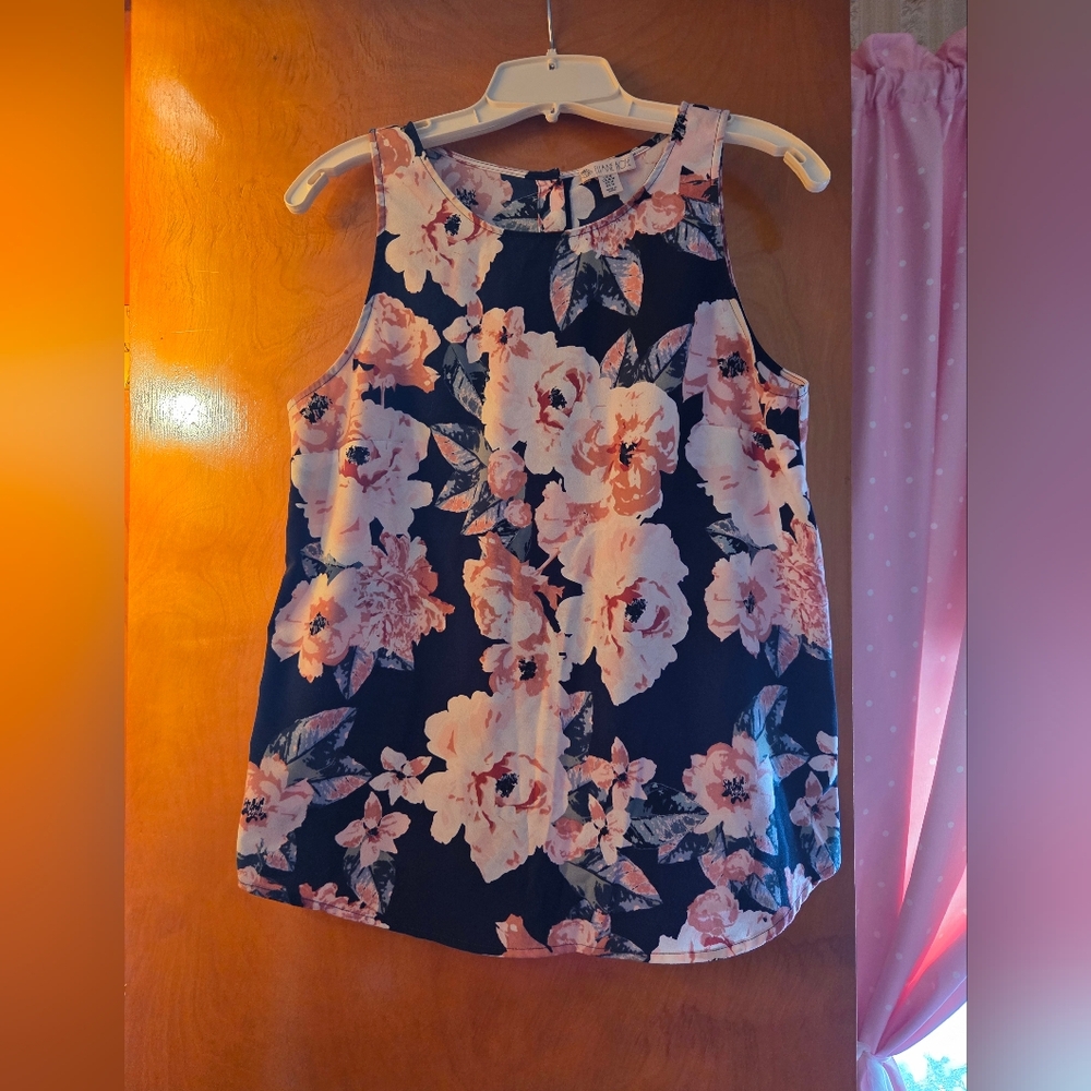 Floral Sleeveless Top - Pink and Navy Blue